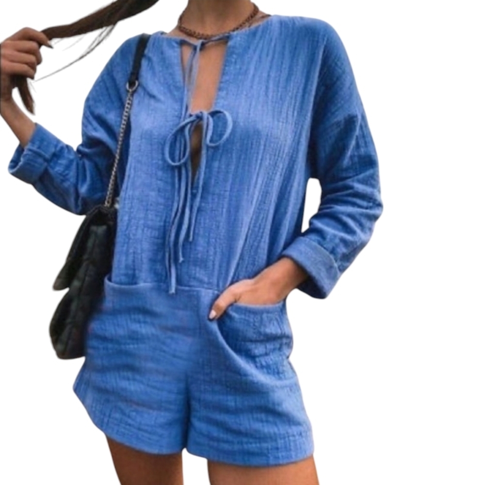 Zara Shorts Romper Blue Tie Front Long Sleeve One Piece Playsuit Pockets XS - Picture 2 of 5
